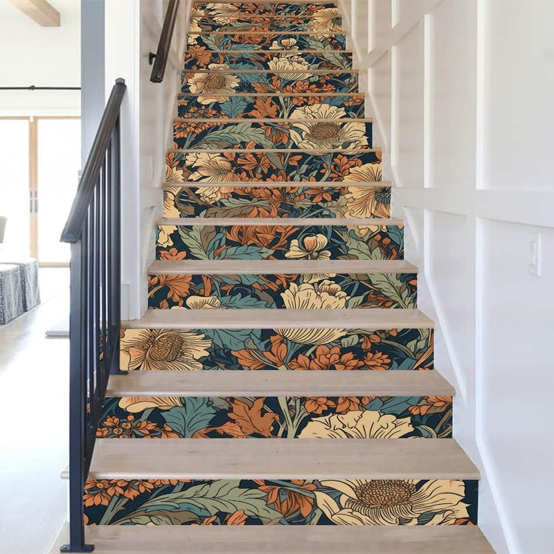 REDAMANCY Vintage William Morris Boho Florals Green Leaf Plants Peel and Stick Vinyl Stair Riser Decals Staircase Tile Stickers Decor Modern Marble Decoration Self-Adhesive(14 Pcs) - Image 5