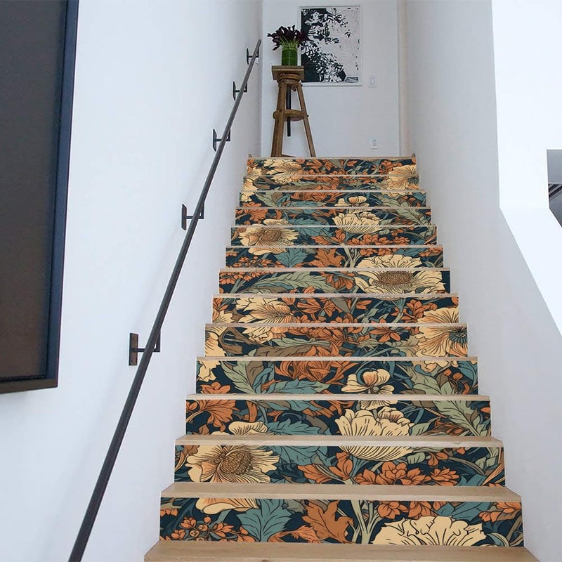 REDAMANCY Vintage William Morris Boho Florals Green Leaf Plants Peel and Stick Vinyl Stair Riser Decals Staircase Tile Stickers Decor Modern Marble Decoration Self-Adhesive(14 Pcs) - Image 4