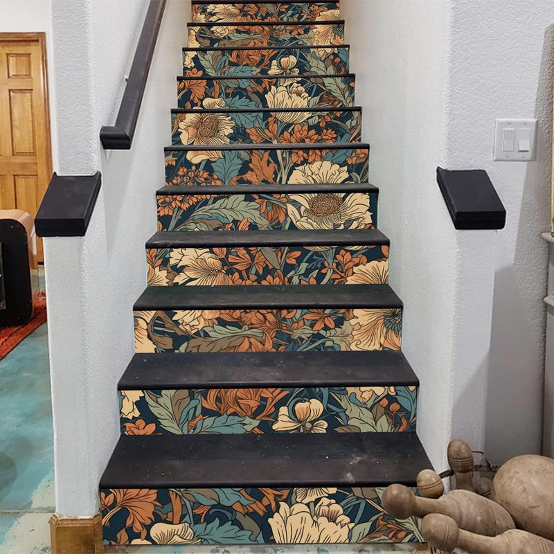 REDAMANCY Vintage William Morris Boho Florals Green Leaf Plants Peel and Stick Vinyl Stair Riser Decals Staircase Tile Stickers Decor Modern Marble Decoration Self-Adhesive(14 Pcs) - Image 3