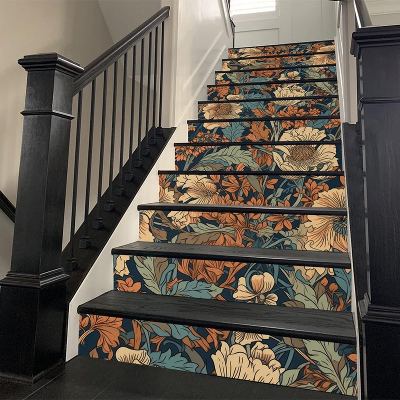 REDAMANCY Vintage William Morris Boho Florals Green Leaf Plants Peel and Stick Vinyl Stair Riser Decals Staircase Tile Stickers Decor Modern Marble Decoration Self-Adhesive(14 Pcs) - Image 2
