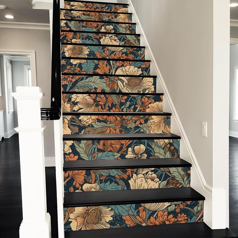 REDAMANCY Vintage William Morris Boho Florals Green Leaf Plants Peel and Stick Vinyl Stair Riser Decals Staircase Tile Stickers Decor Modern Marble Decoration Self-Adhesive(14 Pcs) - Image 1