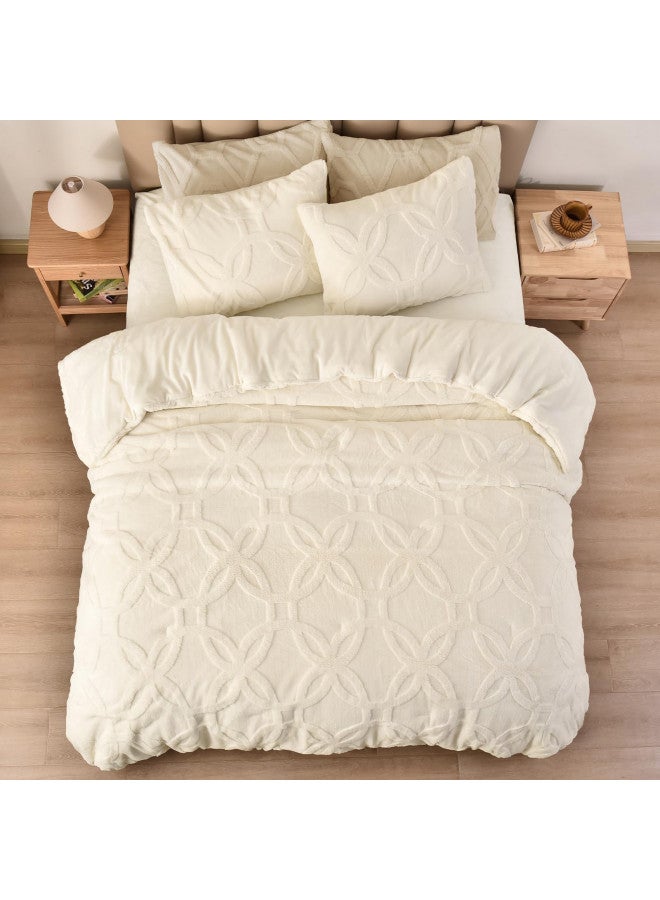 PHF PHF 3 Pieces Sherpa Fleece Comforter Set King Size, Super Soft & Warm Fluffy Comfy Velvet Bedding Set for Fall & Winter, 3D Jacquard Tufted Textured Comforter Set with 2 Pillow Shams, Cream  - Image 1