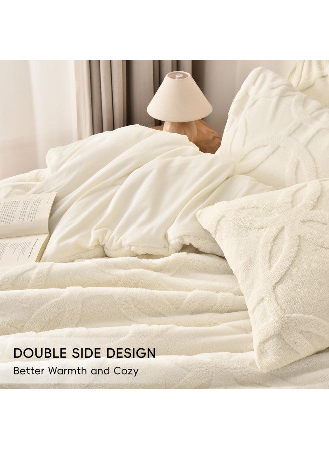PHF PHF 3 Pieces Sherpa Fleece Comforter Set King Size, Super Soft & Warm Fluffy Comfy Velvet Bedding Set for Fall & Winter, 3D Jacquard Tufted Textured Comforter Set with 2 Pillow Shams, Cream  - Image 2