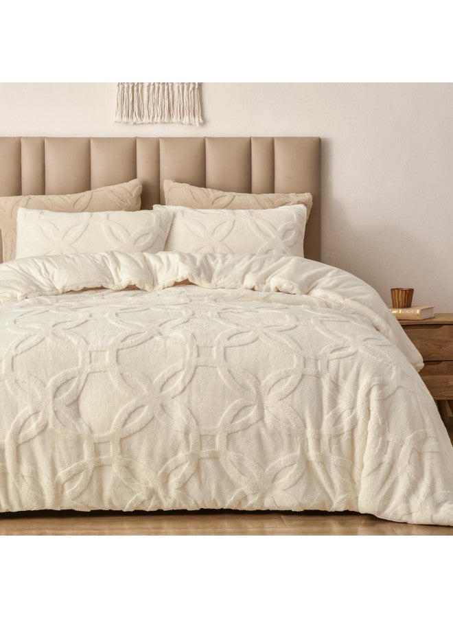 PHF PHF 3 Pieces Sherpa Fleece Comforter Set King Size, Super Soft & Warm Fluffy Comfy Velvet Bedding Set for Fall & Winter, 3D Jacquard Tufted Textured Comforter Set with 2 Pillow Shams, Cream  - Image 3