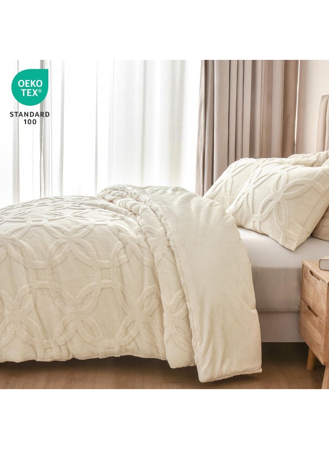 PHF PHF 3 Pieces Sherpa Fleece Comforter Set King Size, Super Soft & Warm Fluffy Comfy Velvet Bedding Set for Fall & Winter, 3D Jacquard Tufted Textured Comforter Set with 2 Pillow Shams, Cream  - Image 4