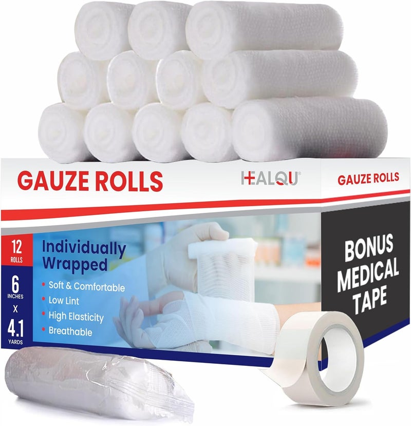 HEALQU لفائف الشاش HEALQU المميزة 6 × 41 ياردة 12 لفافة مغلفة بشكل فردي - Image 1