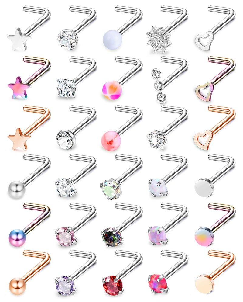 MILACOLATO 30Pcs Nose Rings Studs for Women Men 316L Stainless Steel Nose Piercings Jewelry 18G 20G Straight L Shaped Corkscrew Nose Rings Cubic Zirconia Created-Opal Nose Studs Hypoallergenic L 18G - Image 1