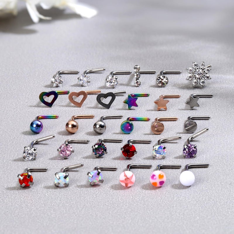 MILACOLATO 30Pcs Nose Rings Studs for Women Men 316L Stainless Steel Nose Piercings Jewelry 18G 20G Straight L Shaped Corkscrew Nose Rings Cubic Zirconia Created-Opal Nose Studs Hypoallergenic L 18G - Image 4