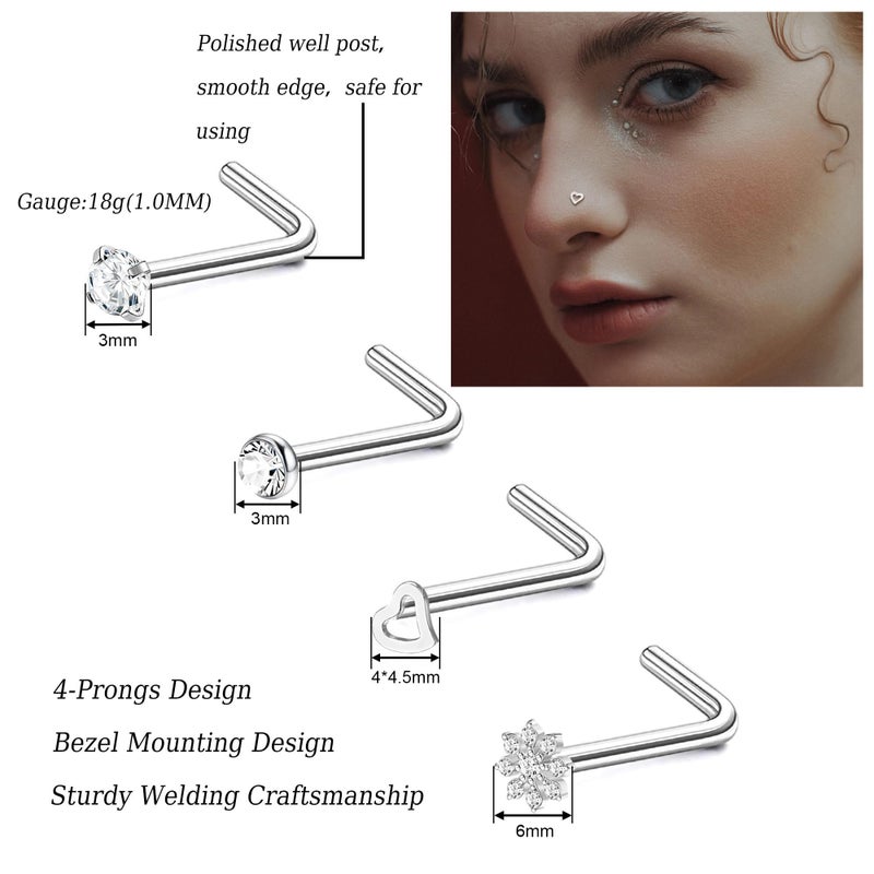 MILACOLATO 30Pcs Nose Rings Studs for Women Men 316L Stainless Steel Nose Piercings Jewelry 18G 20G Straight L Shaped Corkscrew Nose Rings Cubic Zirconia Created-Opal Nose Studs Hypoallergenic L 18G - Image 3
