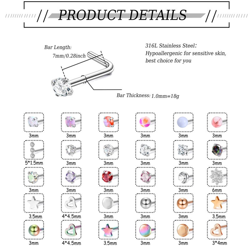 MILACOLATO 30Pcs Nose Rings Studs for Women Men 316L Stainless Steel Nose Piercings Jewelry 18G 20G Straight L Shaped Corkscrew Nose Rings Cubic Zirconia Created-Opal Nose Studs Hypoallergenic L 18G - Image 2