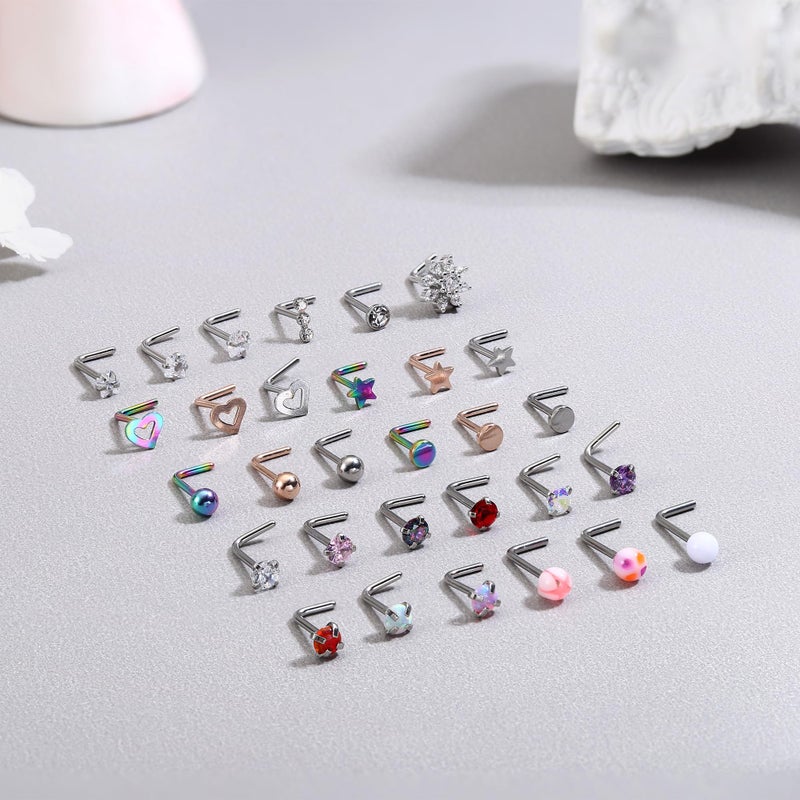 MILACOLATO 30Pcs Nose Rings Studs for Women Men 316L Stainless Steel Nose Piercings Jewelry 18G 20G Straight L Shaped Corkscrew Nose Rings Cubic Zirconia Created-Opal Nose Studs Hypoallergenic L 18G - Image 5