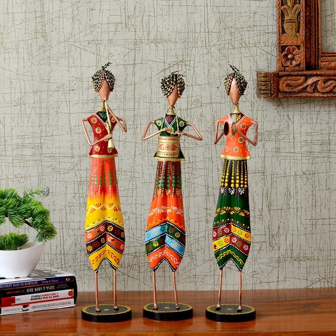 WROUGHT IRON HAND PAINTED MUSICIAN SHOWPIECES FIGURINE STATUE FOR HOME DECOR SET OF 3 21 INCHES