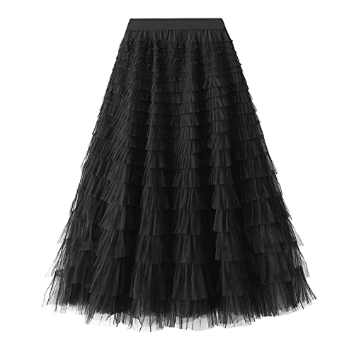 Dirholl Women's A-Line Fairy Patterned Elastic Waist Ruffle Tulle Layered Midi Skirt Tutu B Black - Image 1