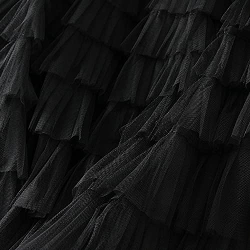 Dirholl Women's A-Line Fairy Patterned Elastic Waist Ruffle Tulle Layered Midi Skirt Tutu B Black - Image 3