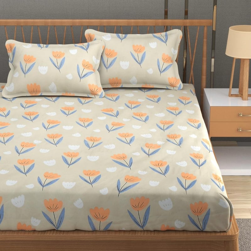 Furnofy 100 Cotton 200TC Fitted Elastic Bedsheet Bedroom Daily Use Fitted Bedspread with 2 Pillow Covers L78 x B72 Upto 8 Pocket Cream - Image 2