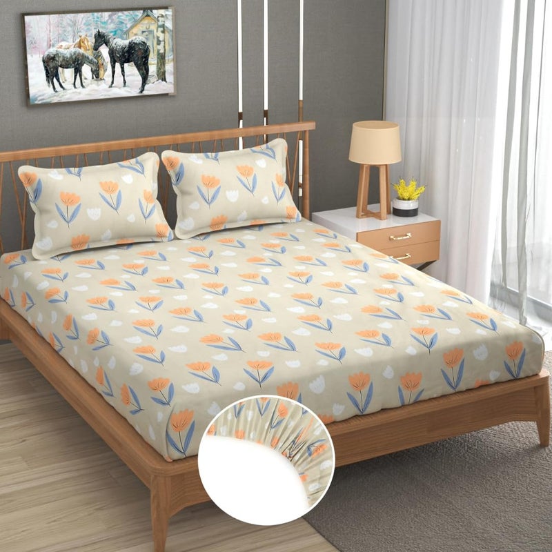 Furnofy 100 Cotton 200TC Fitted Elastic Bedsheet Bedroom Daily Use Fitted Bedspread with 2 Pillow Covers L78 x B72 Upto 8 Pocket Cream - Image 1