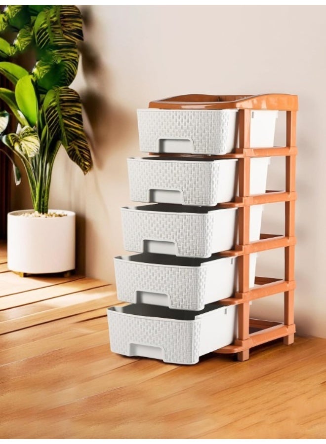 Kuber Industries 5-Tier Collapsible Multipurpose Plastic Drawers Storage Organizer | Durable Cabinets/Storage Rack for Kitchen | Kids Toy Box & Shelf for Home/Office | Brown & White