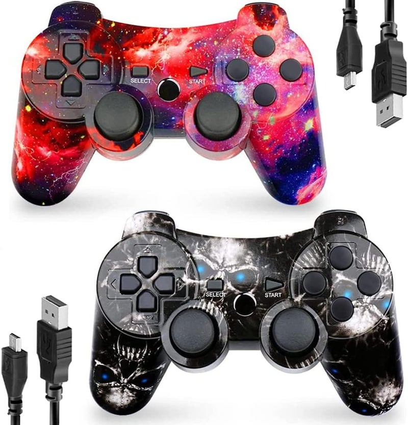 CHENGDAO جهاز تحكم CHENGDAO لـ PS3، حزمة مزدوجة من أجهزة التحكم اللاسلكية لـ PlayStation 3 6-Axis مع اهتزاز مزدوج عالي الأداء، تحكم حركي، كابل شحن USB (جمجمة + مجرة) - Image 1