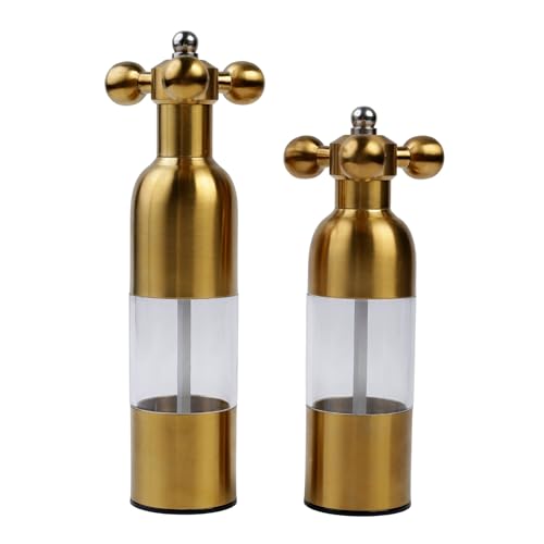 Marsrut Gold2PCS Salt Pepper Modern Manual Grinder Set with Solid Handle Stainless Steel Juego de Molinillo DoradoAntique Faucet Shakers Refillable Adjustable Coarseness Mill for BBQ Restaurant Home - Image 1
