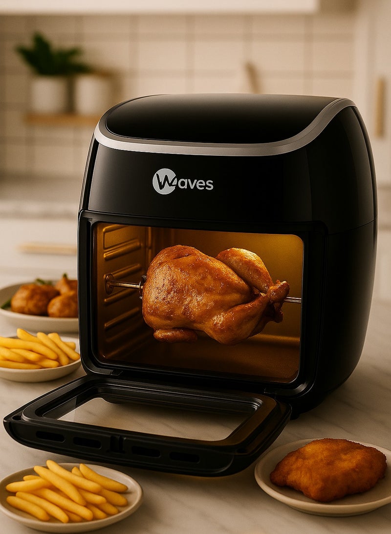 Waves Air Fryer, Capacity12L,1800watt, Digital Including two shelves for frying+shelf for fats+2.9 liter rotating basket+chicken grill+ forks for shish tawook  - Image 4