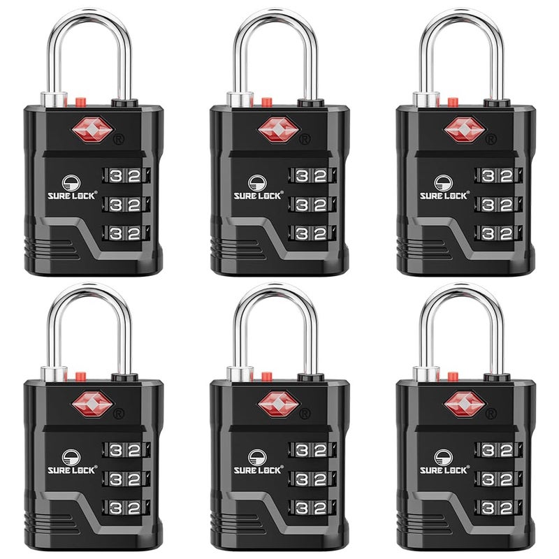 SURE LOCK TSA Approved Luggage Lock 3Digit Resettable Combination Padlock with Open Alert Red Dot Large EasyRead Dials for Suitcases Backpacks Gym School LockersBlack 6 pk - Image 2