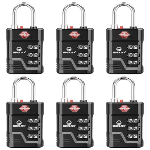 SURE LOCK TSA Approved Luggage Lock 3Digit Resettable Combination Padlock with Open Alert Red Dot Large EasyRead Dials for Suitcases Backpacks Gym School LockersBlack 6 pk - Image 1