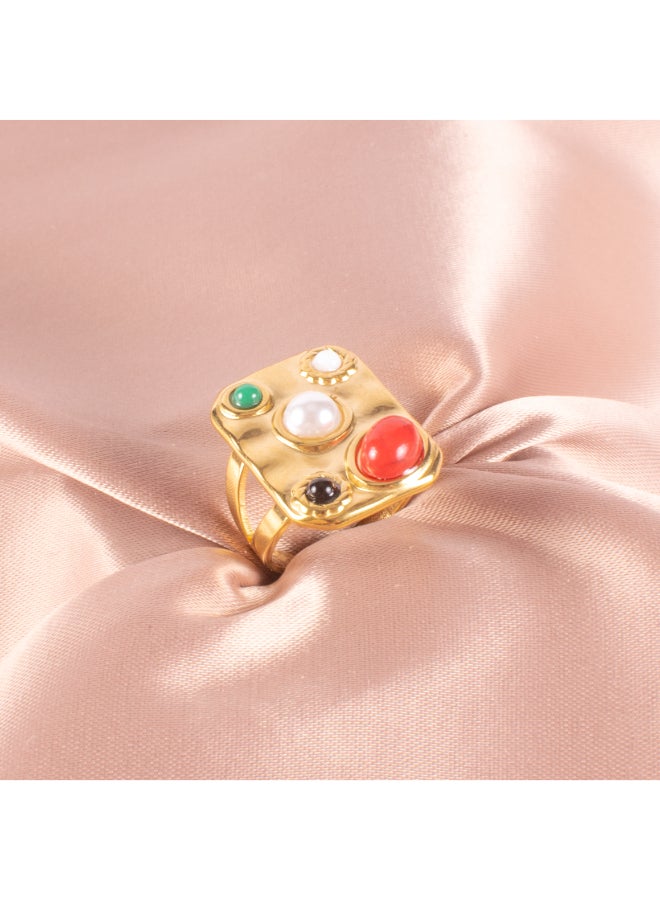 The Black Pearl Accessories Colorful Stones Stainless Steel Golden Free Size Ring  - Image 1