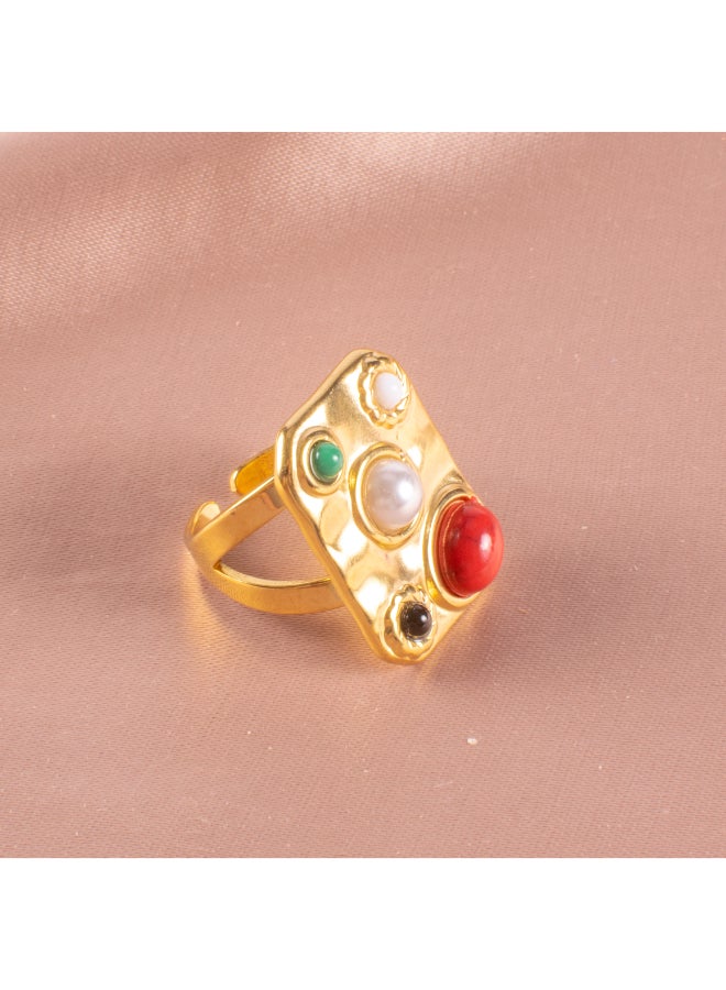 The Black Pearl Accessories Colorful Stones Stainless Steel Golden Free Size Ring  - Image 3