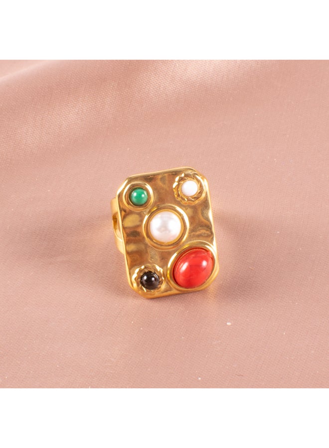 The Black Pearl Accessories Colorful Stones Stainless Steel Golden Free Size Ring  - Image 2