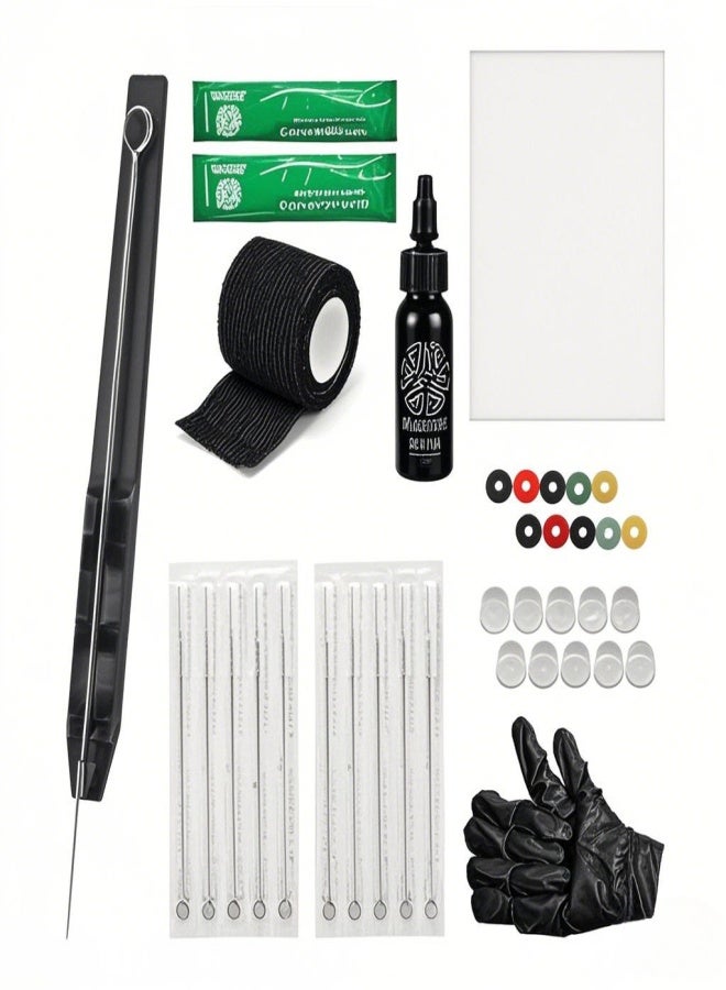 ATOMUS Hand Poke and Stick Tattoo Kit DIY Tattoo Supply Ink Gloves Ink Box Tattoo Needles Set Practice Skin Tattoo Repair Cream 7RL*10pcs Needle - Image 1