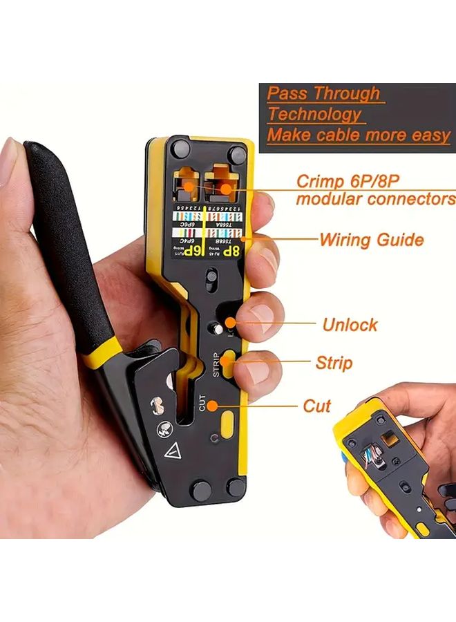 6P 8P Yellow Network Cable Crimper Tool 3 In 1 Crimp Cut Strip For Cat5 Cat6 Cat7 - Image 3