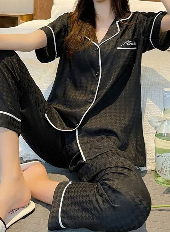 MARGOUN Couple Satin Pajamas Set with Long Sleeve Top and Pants, Women Men Sleepwear Loungewear Nightwear Black MG08 - Image 3