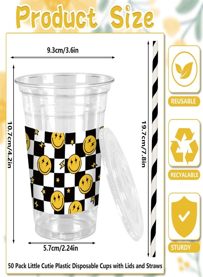JarThenaAMCS 50Pcs Happy Face Plastic Cups with Lids and Straws Smile Face Checkered Clear Plastic Cups 12oz Disposable Cups for Birthday Baby Shower Party Supplies - Image 2