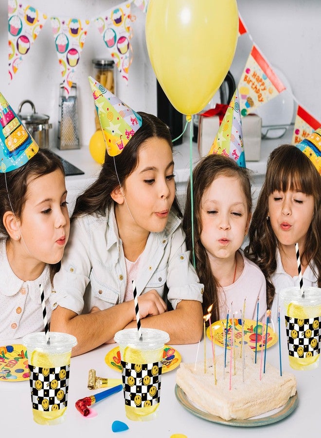 JarThenaAMCS 50Pcs Happy Face Plastic Cups with Lids and Straws Smile Face Checkered Clear Plastic Cups 12oz Disposable Cups for Birthday Baby Shower Party Supplies - Image 4