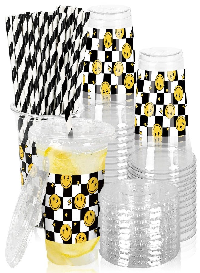 JarThenaAMCS 50Pcs Happy Face Plastic Cups with Lids and Straws Smile Face Checkered Clear Plastic Cups 12oz Disposable Cups for Birthday Baby Shower Party Supplies - Image 1