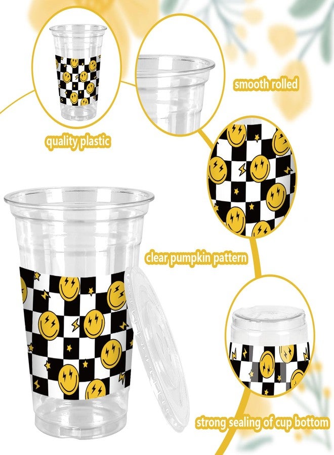 JarThenaAMCS 50Pcs Happy Face Plastic Cups with Lids and Straws Smile Face Checkered Clear Plastic Cups 12oz Disposable Cups for Birthday Baby Shower Party Supplies - Image 3