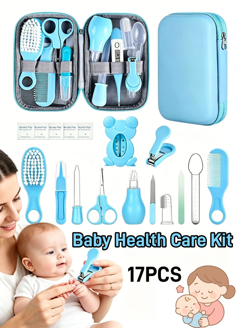 17-Piece Portable Baby Health Care & Beauty Kit, Thermometer, Nasal Aspirator, Thum Toothbrush, Nail Scissors, Manicure Safety Scissors, Brush and Comb, Suitable for Newborn Infant Boys Girls 0-3 Years Kindergarten Daily Bathing Tool Care Set Blue Outgoing Toddler Care Kit - Image 1