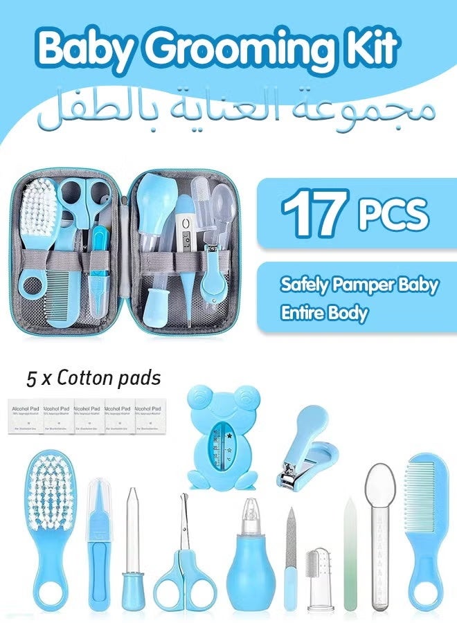 17-Piece Portable Baby Health Care & Beauty Kit, Thermometer, Nasal Aspirator, Thum Toothbrush, Nail Scissors, Manicure Safety Scissors, Brush and Comb, Suitable for Newborn Infant Boys Girls 0-3 Years Kindergarten Daily Bathing Tool Care Set Blue Outgoing Toddler Care Kit - Image 2