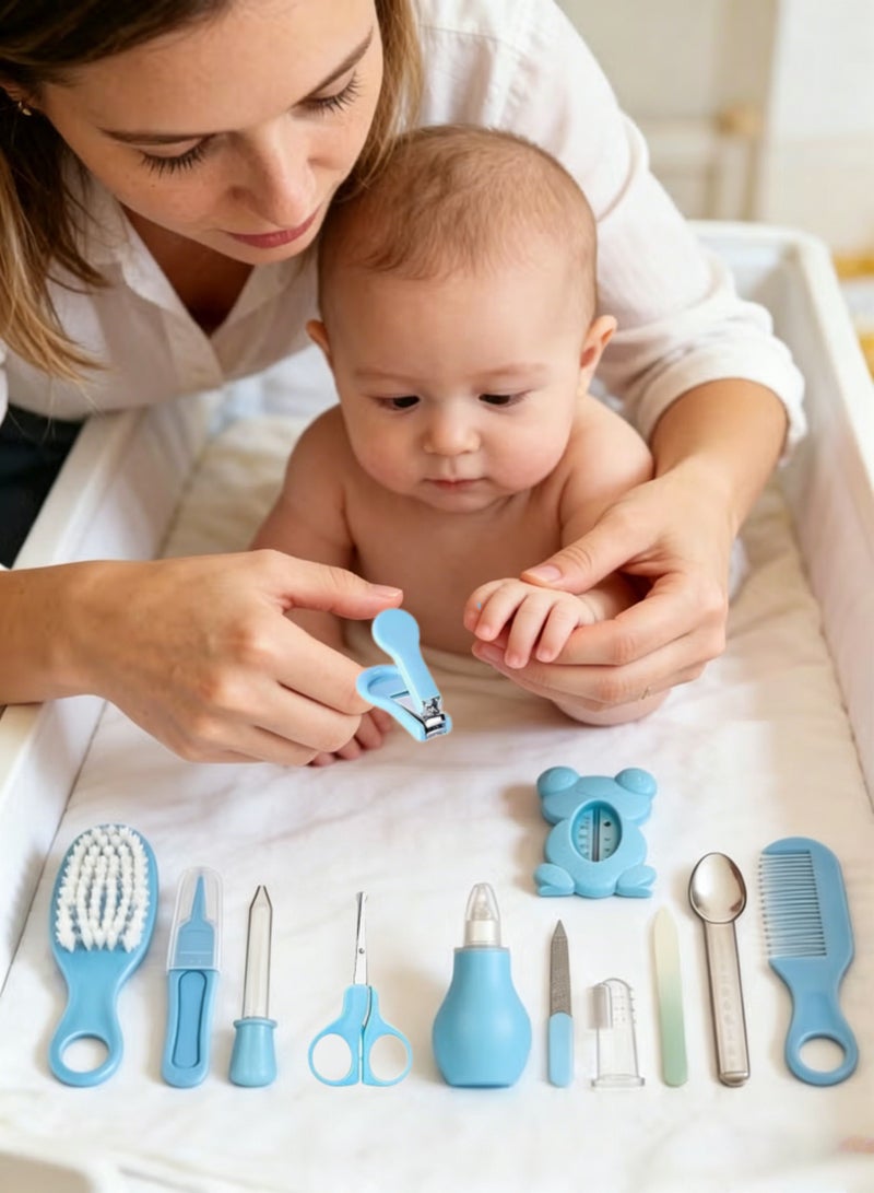 17-Piece Portable Baby Health Care & Beauty Kit, Thermometer, Nasal Aspirator, Thum Toothbrush, Nail Scissors, Manicure Safety Scissors, Brush and Comb, Suitable for Newborn Infant Boys Girls 0-3 Years Kindergarten Daily Bathing Tool Care Set Blue Outgoing Toddler Care Kit - Image 3