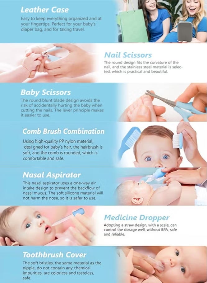 17-Piece Portable Baby Health Care & Beauty Kit, Thermometer, Nasal Aspirator, Thum Toothbrush, Nail Scissors, Manicure Safety Scissors, Brush and Comb, Suitable for Newborn Infant Boys Girls 0-3 Years Kindergarten Daily Bathing Tool Care Set Blue Outgoing Toddler Care Kit - Image 5