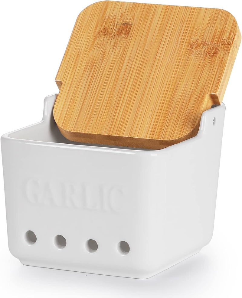 ONTUBE Garlic Keeper with Lid, Ceramic Garlic Holder Storage, Garlic Container for Kitchen, Garlic Saver to Keep Your Garlic Cloves Fresh Longer 4.7-Inch, White - Image 1