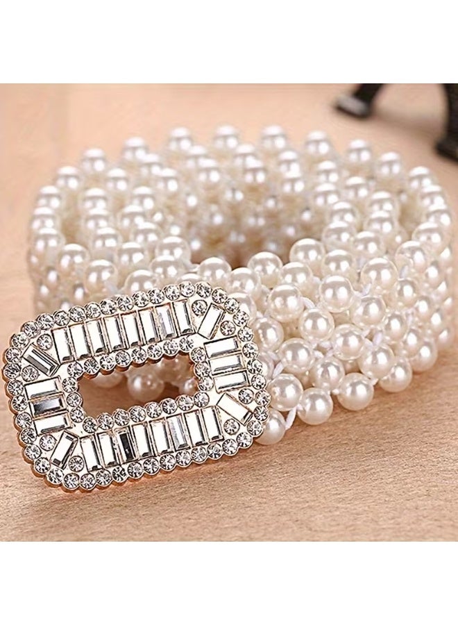 Goolsky 1pc Elegant Women's Faux Imitation Pearl Elastic Waist Belt with Sparkling Rhinestone Buckle - Vintage Bohemian Style Adjustable Stretch Fit for Dresses, Sweaters, Coats & Evening Gowns - Daily Commute & Formal Events, Versatile Fashion Accessory | Bead Embellishments, Belts for Dresses - Image 1