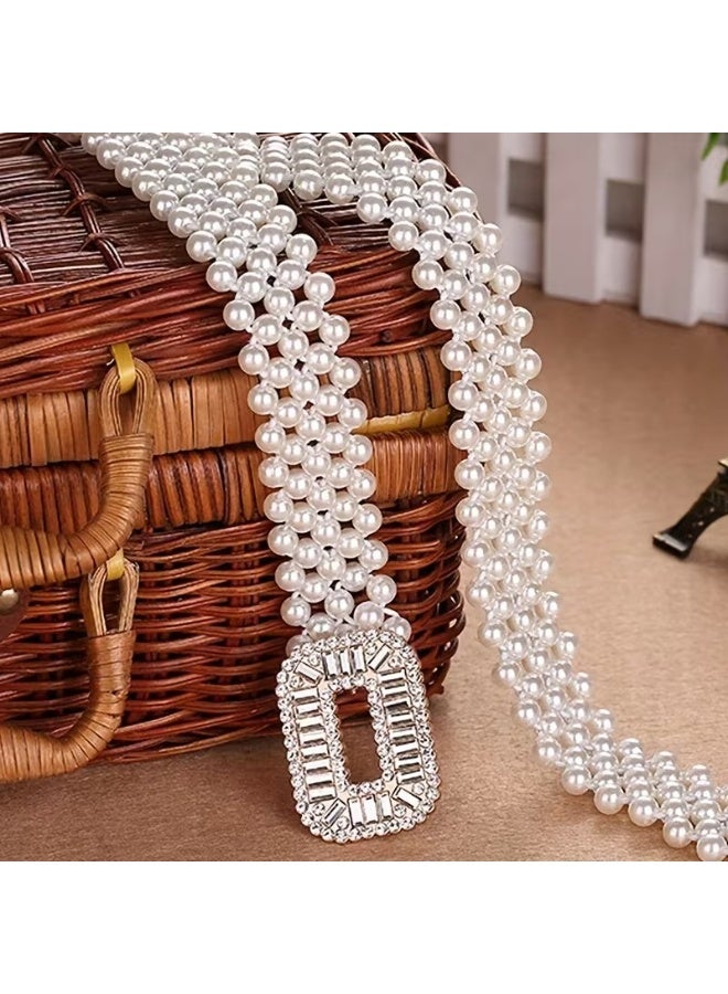 Goolsky 1pc Elegant Women's Faux Imitation Pearl Elastic Waist Belt with Sparkling Rhinestone Buckle - Vintage Bohemian Style Adjustable Stretch Fit for Dresses, Sweaters, Coats & Evening Gowns - Daily Commute & Formal Events, Versatile Fashion Accessory | Bead Embellishments, Belts for Dresses - Image 2