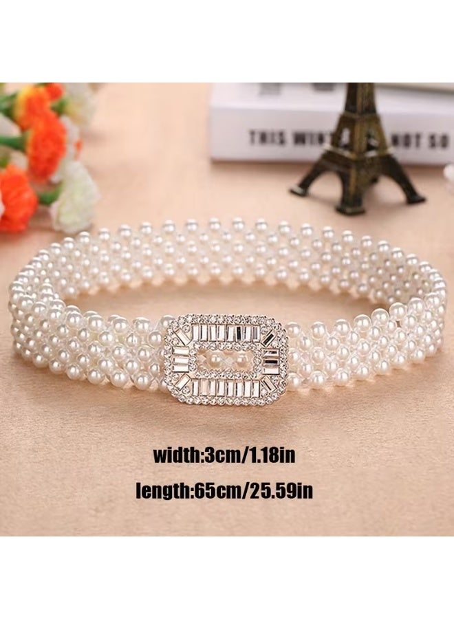 Goolsky 1pc Elegant Women's Faux Imitation Pearl Elastic Waist Belt with Sparkling Rhinestone Buckle - Vintage Bohemian Style Adjustable Stretch Fit for Dresses, Sweaters, Coats & Evening Gowns - Daily Commute & Formal Events, Versatile Fashion Accessory | Bead Embellishments, Belts for Dresses - Image 4