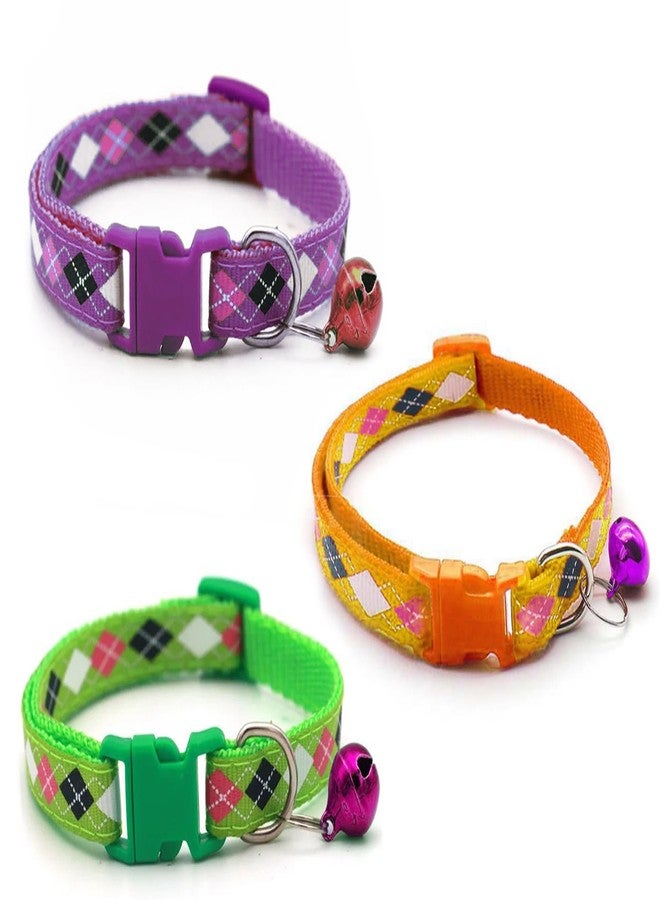 Litvibes Cat & Puppy Collar with Bell,Kitten & Small Dogs Soft Adjustable,Safe,Solid & Protective Breakaway for Cats & Puppies,Cute Kitty Neckband with Diamond Print-(Purple,Yellow,Green) - Image 1