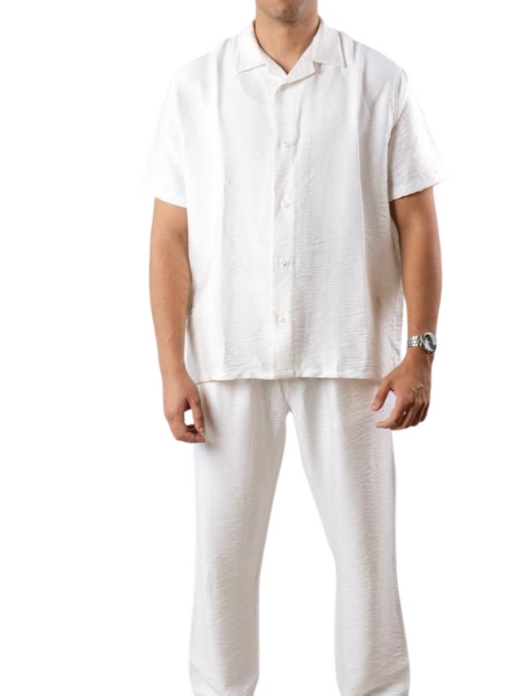 Premium Linen Two-Piece Set, Short Sleeve Shirt and Trousers, Available in Black, White, Beige  - Image 1