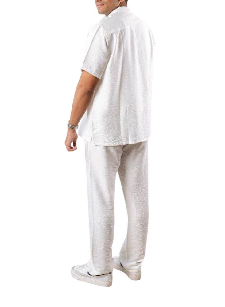 Premium Linen Two-Piece Set, Short Sleeve Shirt and Trousers, Available in Black, White, Beige  - Image 2