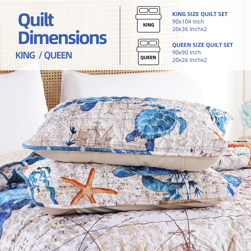 weigelia Coastal Quilts Bedding Set King Size - Summer Vintage Sea Turtles Nautical Bedding Quilt with Pillow Cases, Beach Reversible Quilt Set Bedspreads Coverlet Soft Lightweight Comforter - Image 2