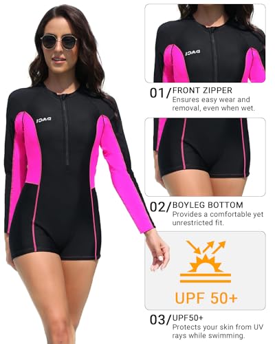 Daci Women Long Sleeve Rash Guard One Piece Boyleg Swimsuit Zipper Surfing Bathing Suit UPF 50+ Black and Pink M - Image 4