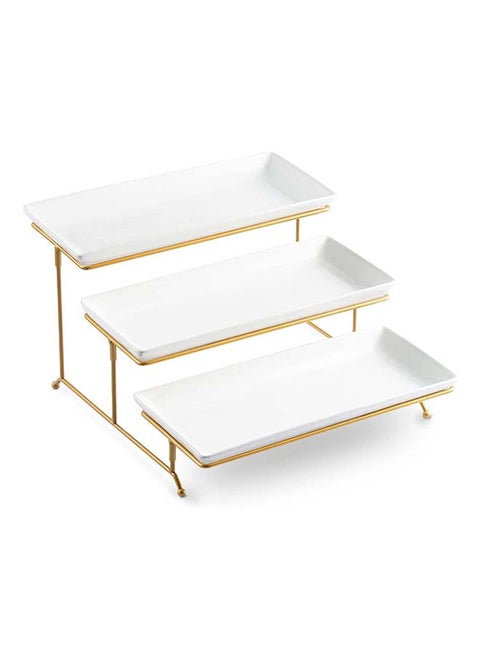 3 Tier Ceramic Serving Stand and Rectangular Platters Set Gold, Large Tiered Porcelain Trays with Collapsible Sturdier Metal Rack 14 Inches Serving Tray